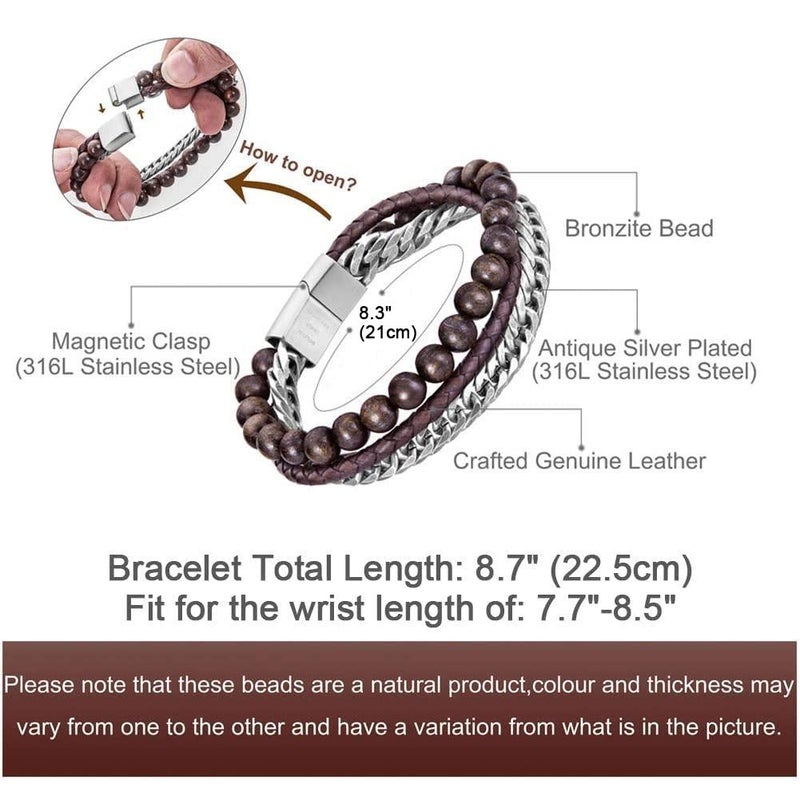 murtoo Mens Bead Leather Bracelet, Blue and Brown Bead and Leather Bracelet for Men (Brown-coffee) - Image 2